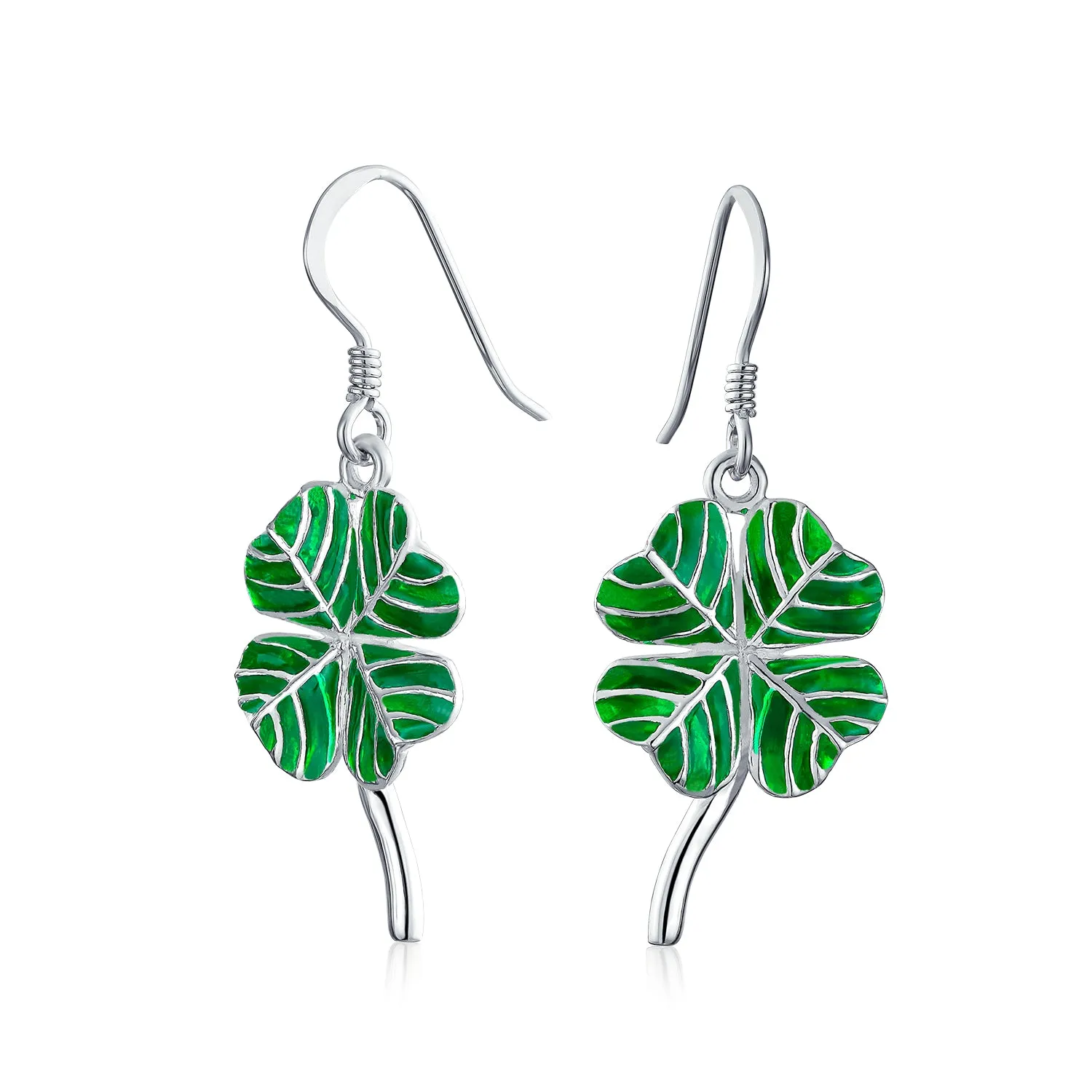 Green Shamrock Lucky Four Leaf Clover Dangle Earrings .925 Silver Fish Hook