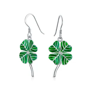 Green Shamrock Lucky Four Leaf Clover Dangle Earrings .925 Silver Fish Hook