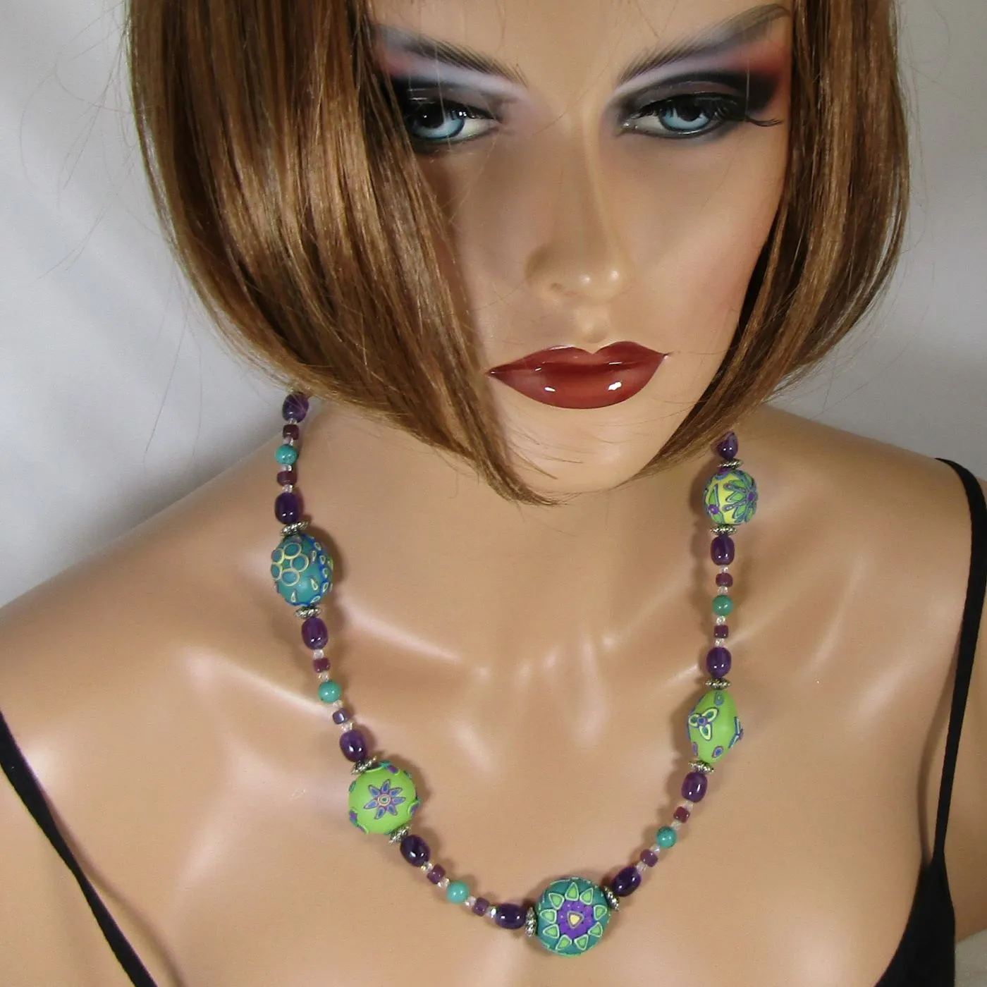 Handmade Bead Necklace with Amethyst and Turquoise