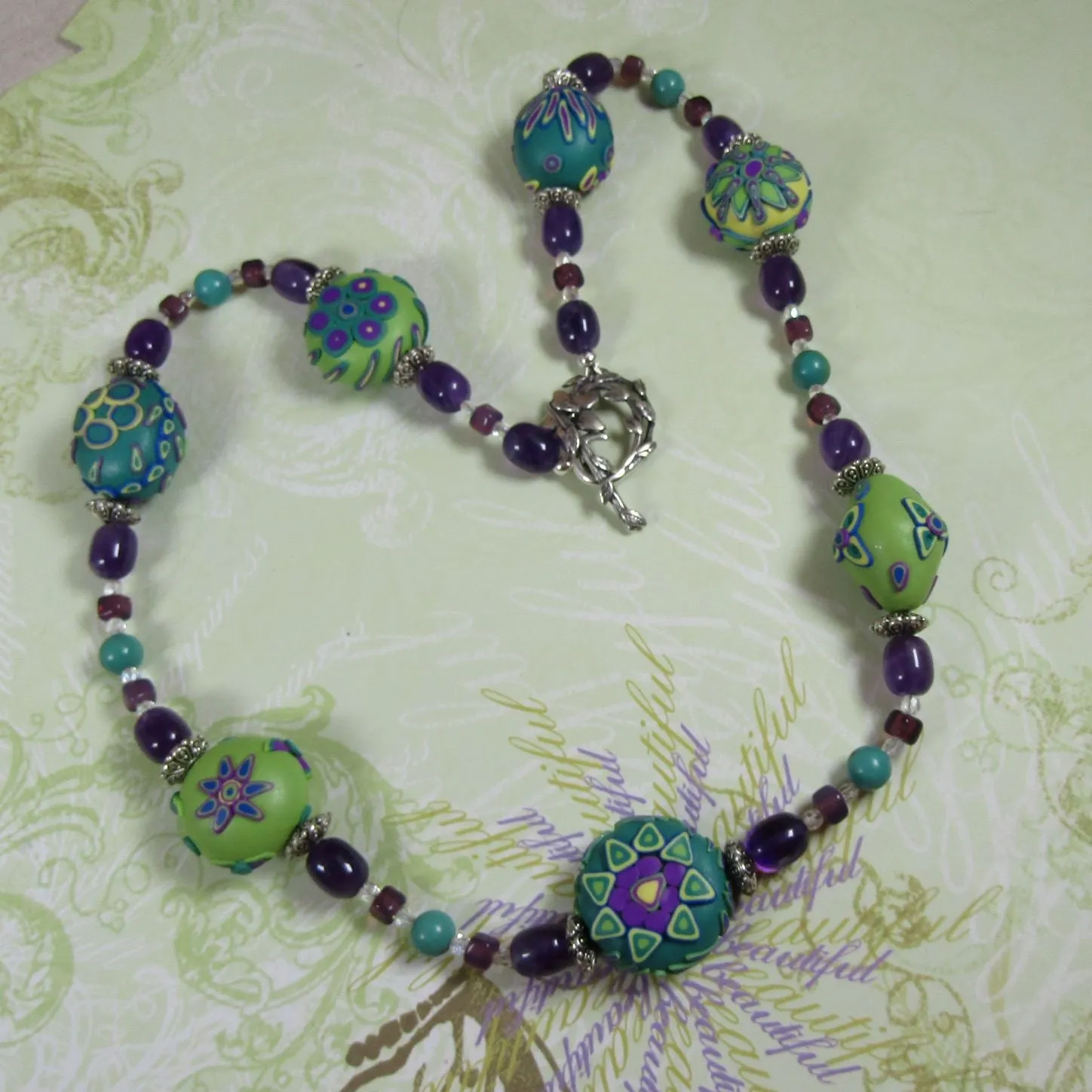 Handmade Bead Necklace with Amethyst and Turquoise