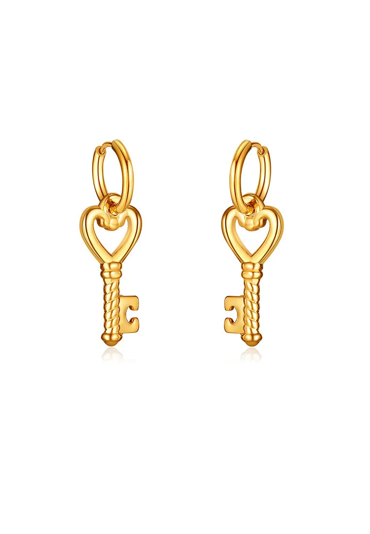 Key to My Heart Pendant Hoop Drop Earrings in Gold