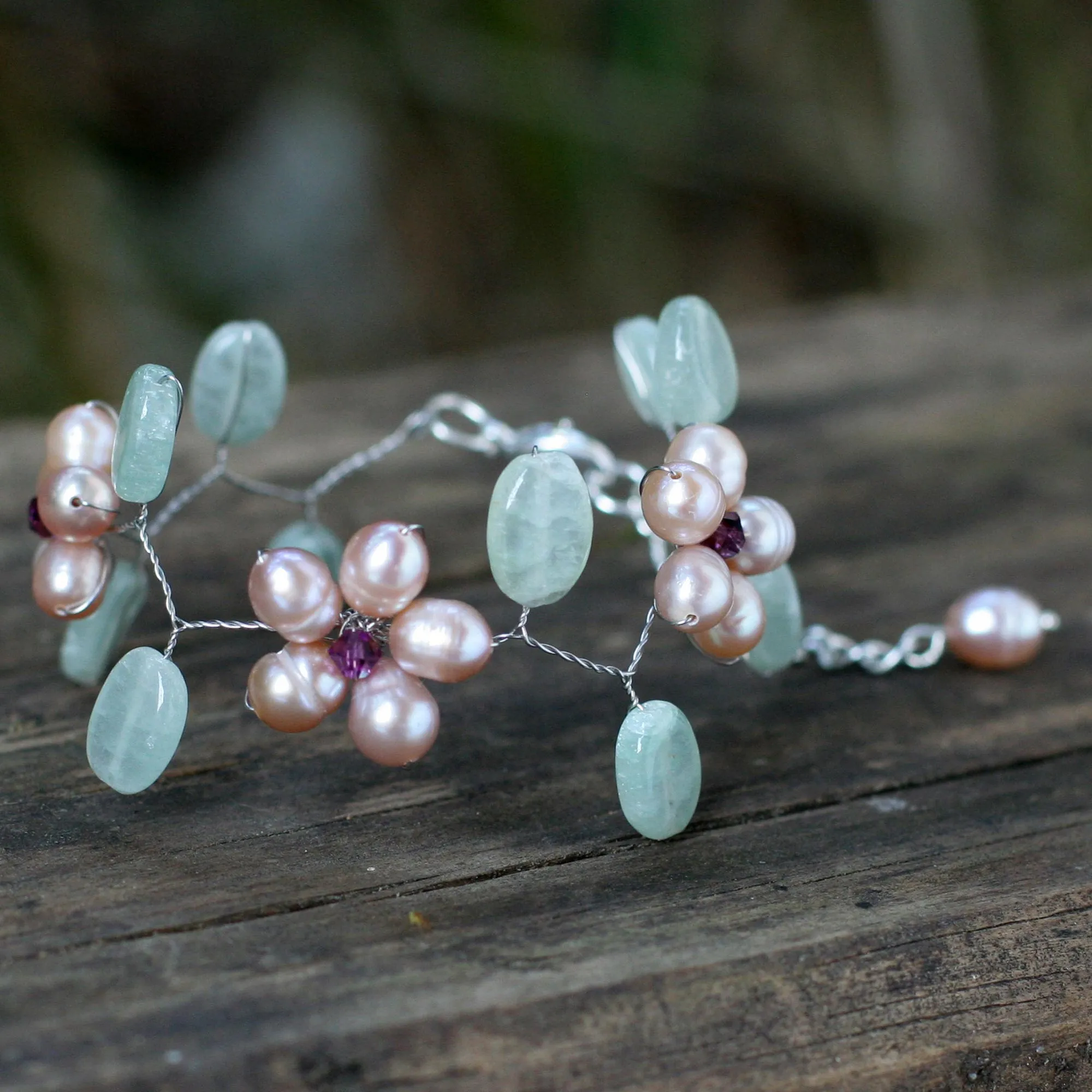 Lilac Dream Quartzite & Pearl Silver Plated Beaded Bridal Bracelet