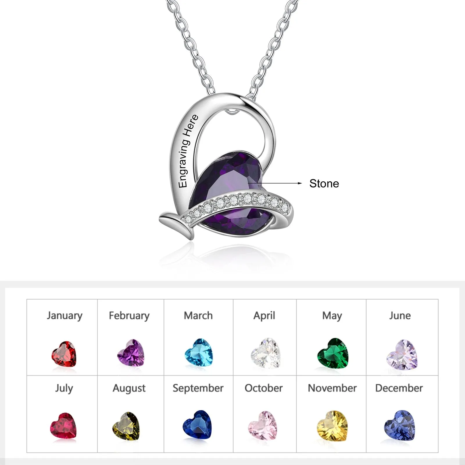 Luxury Personalized Engraving Pendant Necklace with Heart Birthstone Customized Mother Necklaces Anniversary Gifts