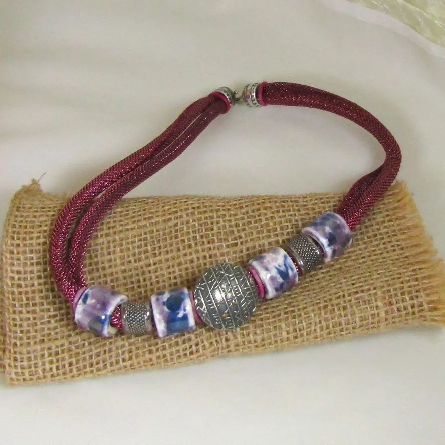 Maroon Metallic Cord  & Ceramic Handmade Necklace