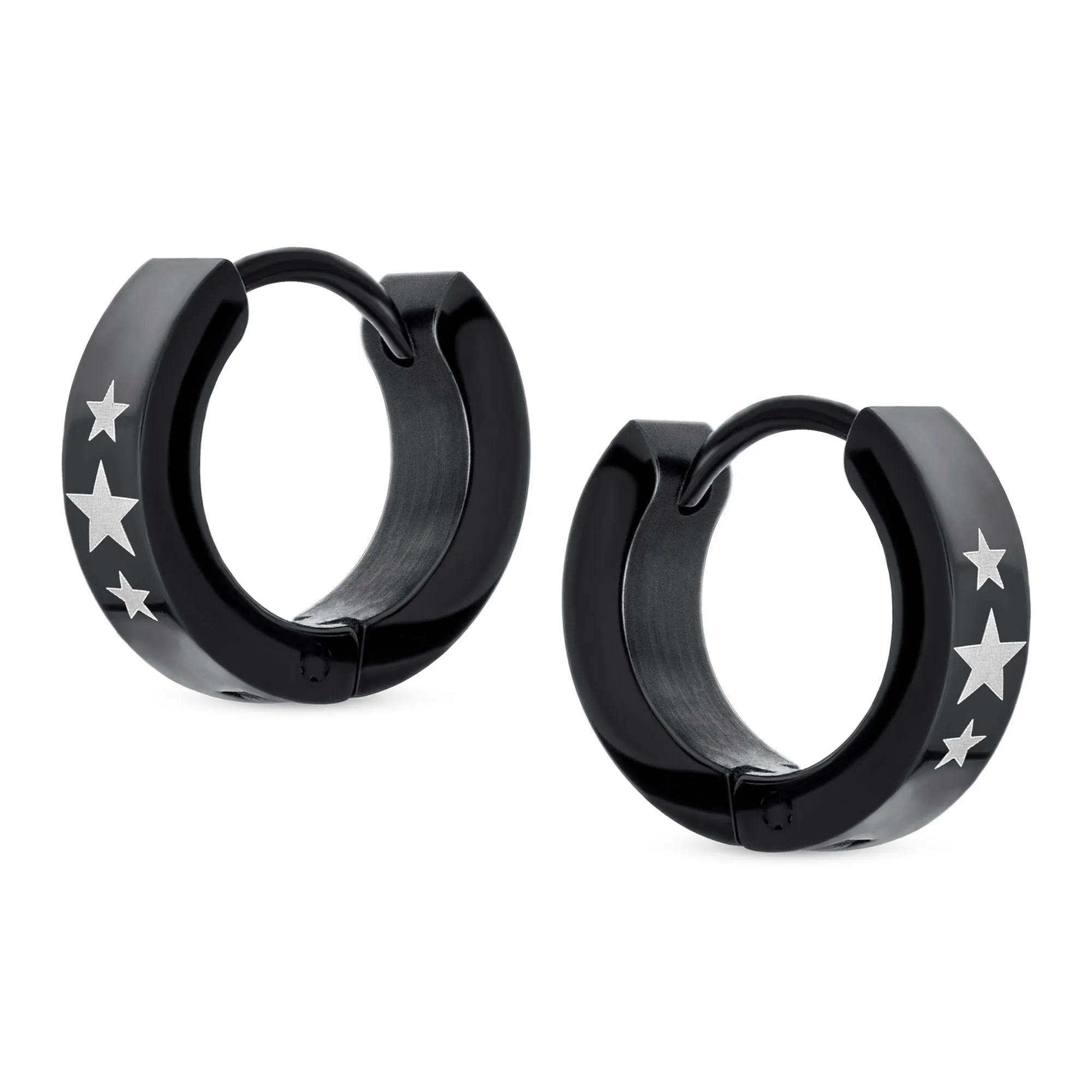 Mens Earrings Black IP Stainless Steel Biker Jewelry USA Stars Hoop Huggie