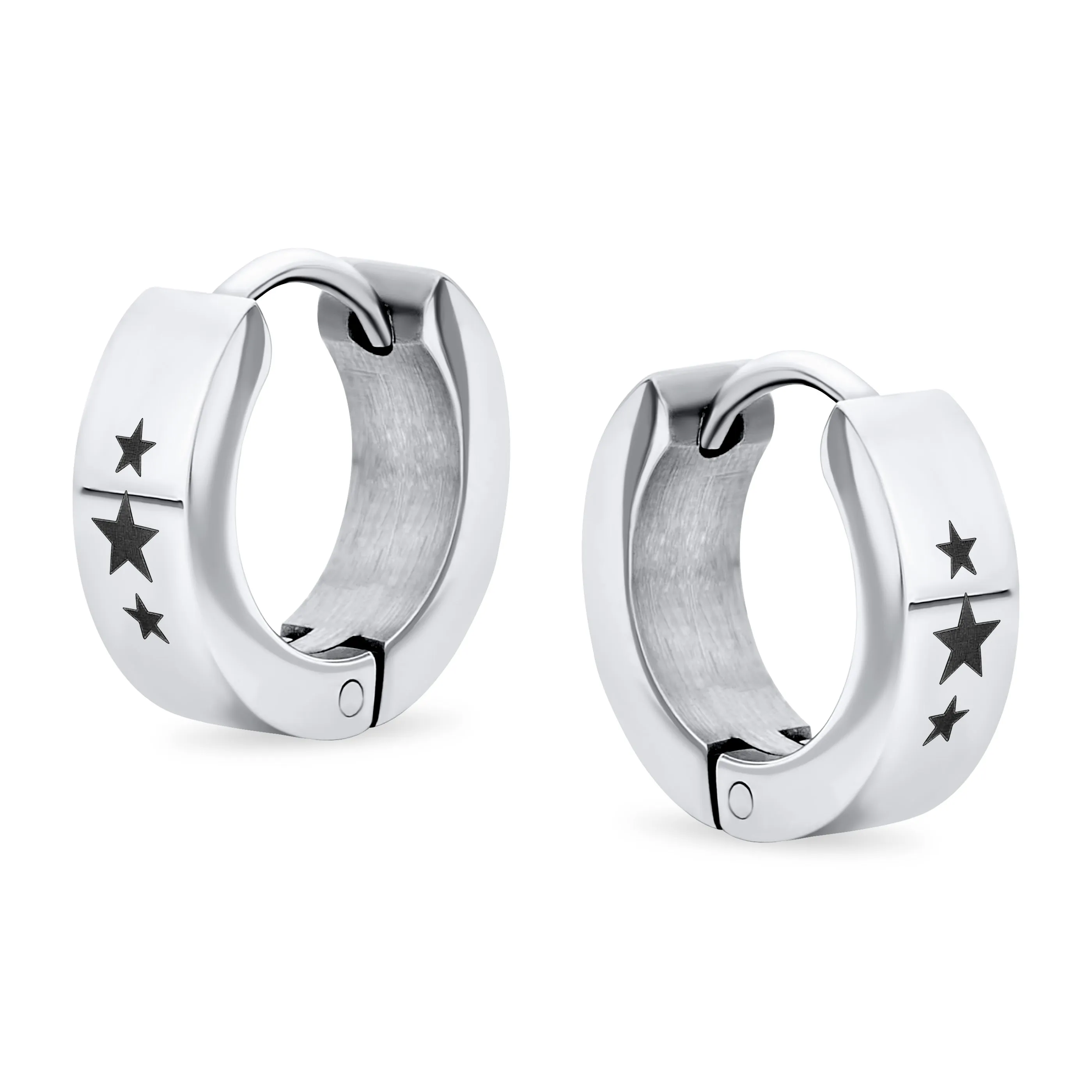 Mens Earrings Black IP Stainless Steel Biker Jewelry USA Stars Hoop Huggie