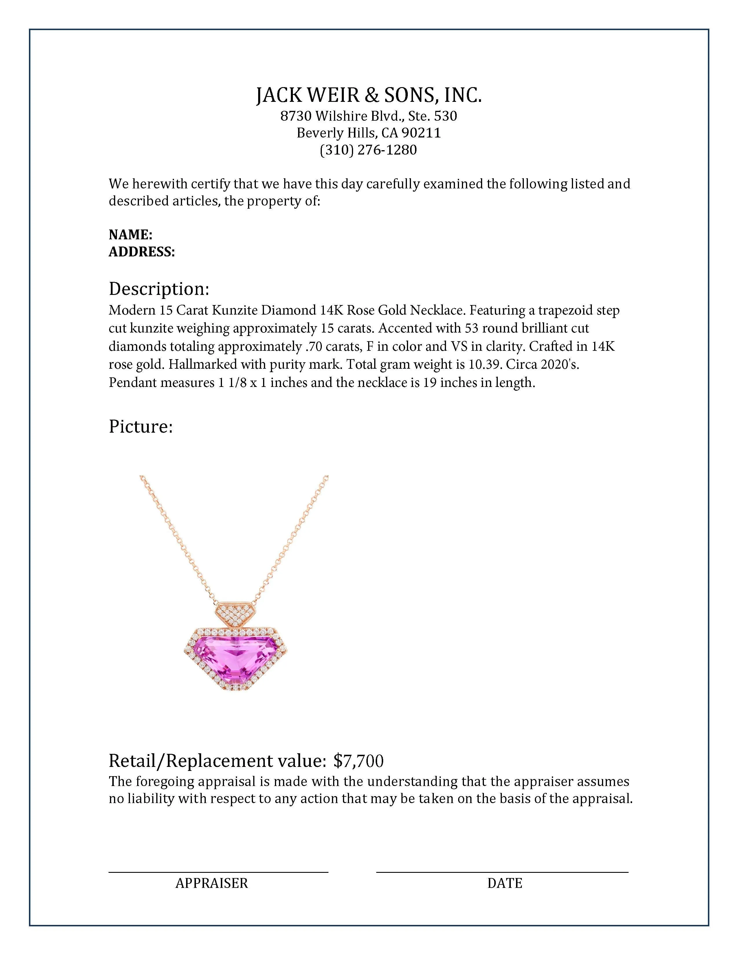 Modern 15 Carat Kunzite Diamond 14K Rose Gold Necklace