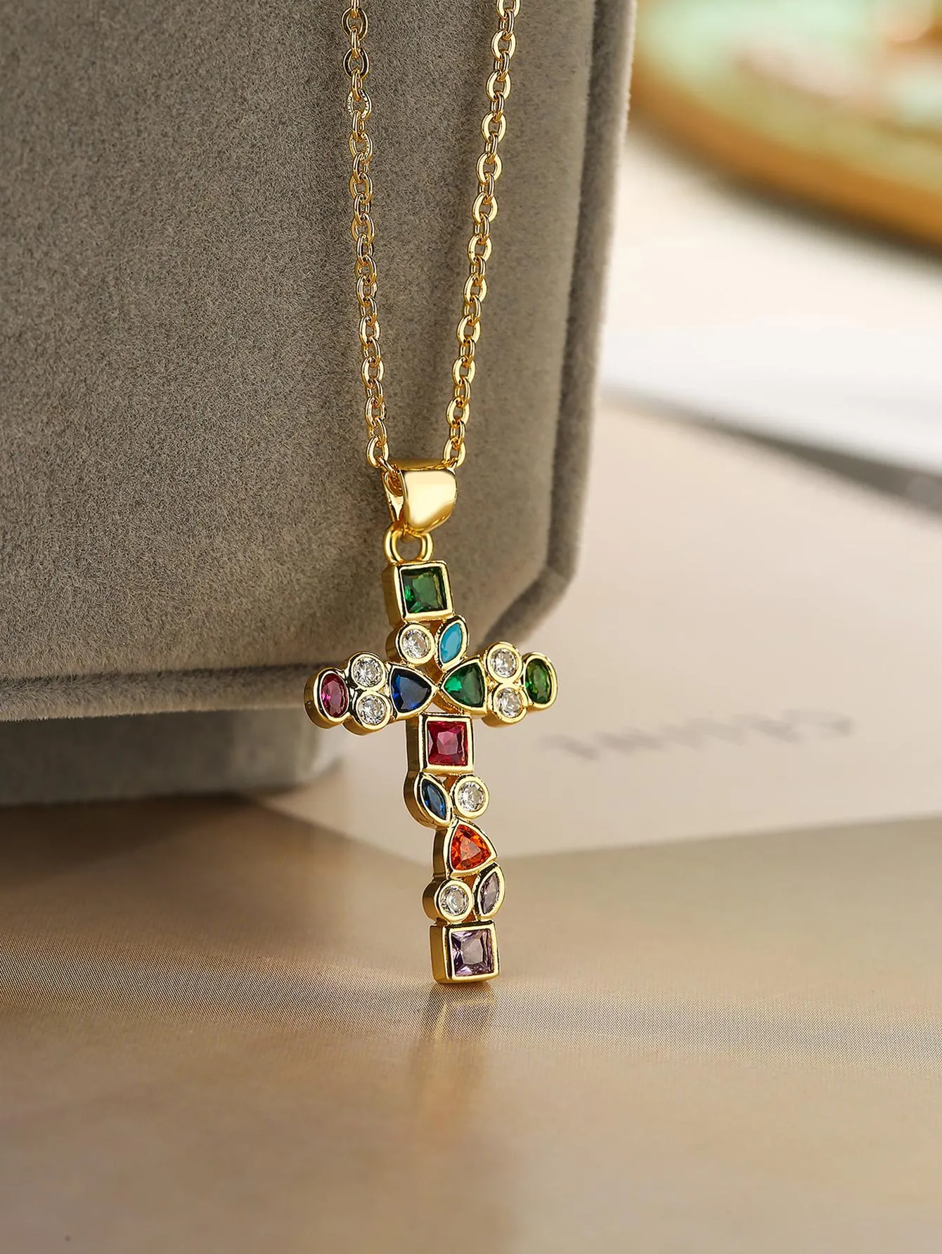 Multicolor Cubic Zirconia Cross Charm Necklace Statement Necklace Modern