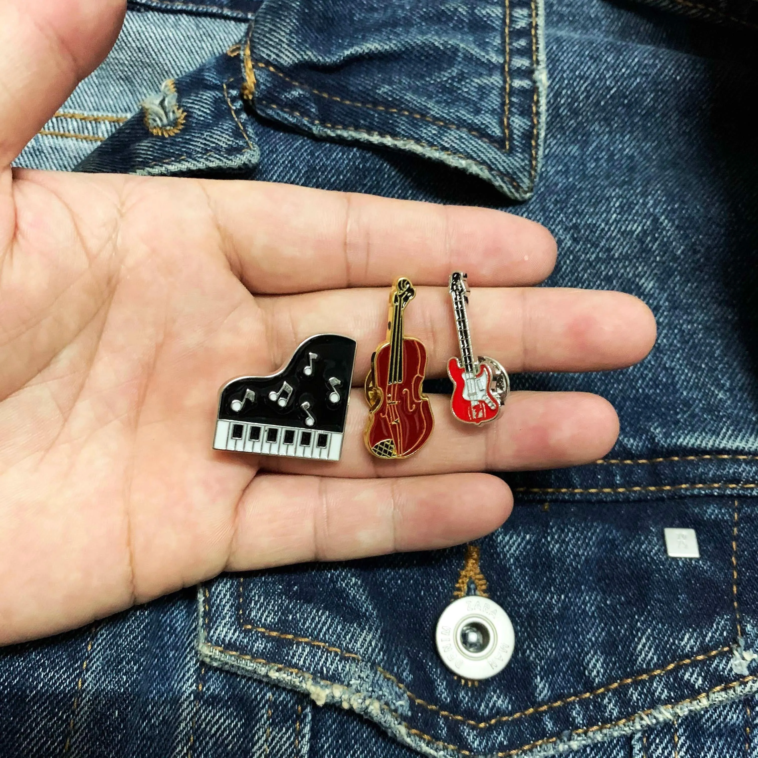 Musical Instrument Pins/Brooches - Piano, Violin, Electric Guitar and Trumpet