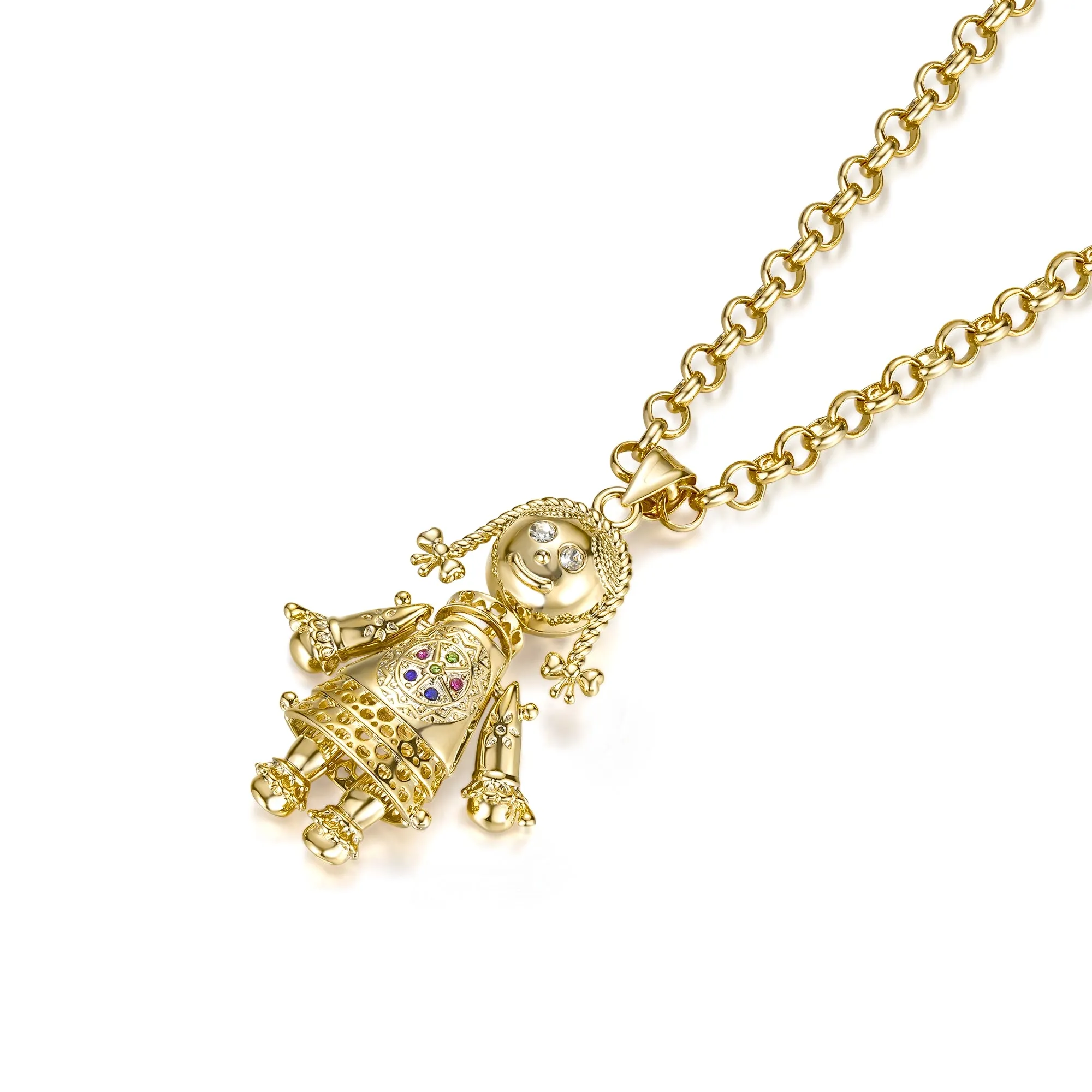 New Gold Rag Doll Pendant with Clear Stones on 22-Inch, 5mm Belcher Chain