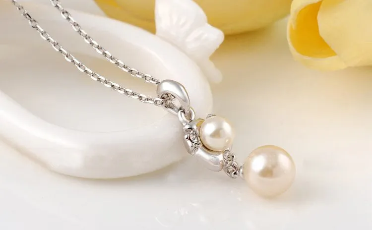 New Pearl Necklace Rhinestone Crystal Silver Gold Plated Link Chain Pendant Necklaces Classic Pearl Jewelry For Women Gift