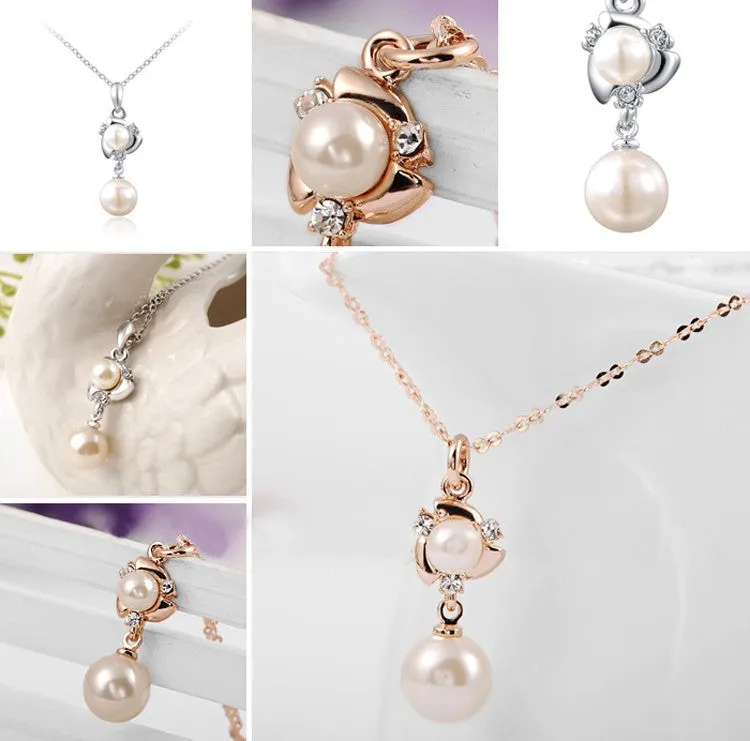 New Pearl Necklace Rhinestone Crystal Silver Gold Plated Link Chain Pendant Necklaces Classic Pearl Jewelry For Women Gift