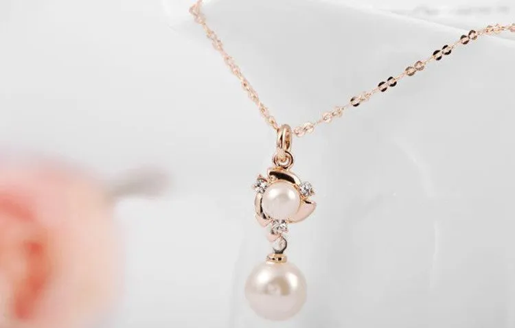 New Pearl Necklace Rhinestone Crystal Silver Gold Plated Link Chain Pendant Necklaces Classic Pearl Jewelry For Women Gift