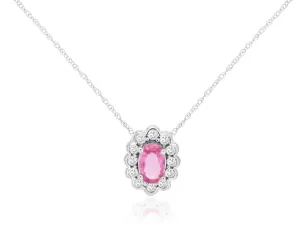 Oval Pink Sapphire Scalloped Diamond Halo Pendant Necklace