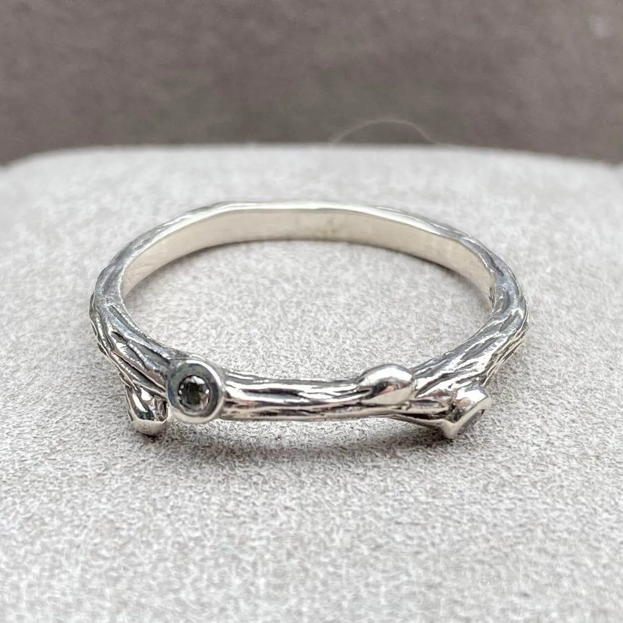 Oxidised Sterling Silver Branch Ring with Zirconia Accents