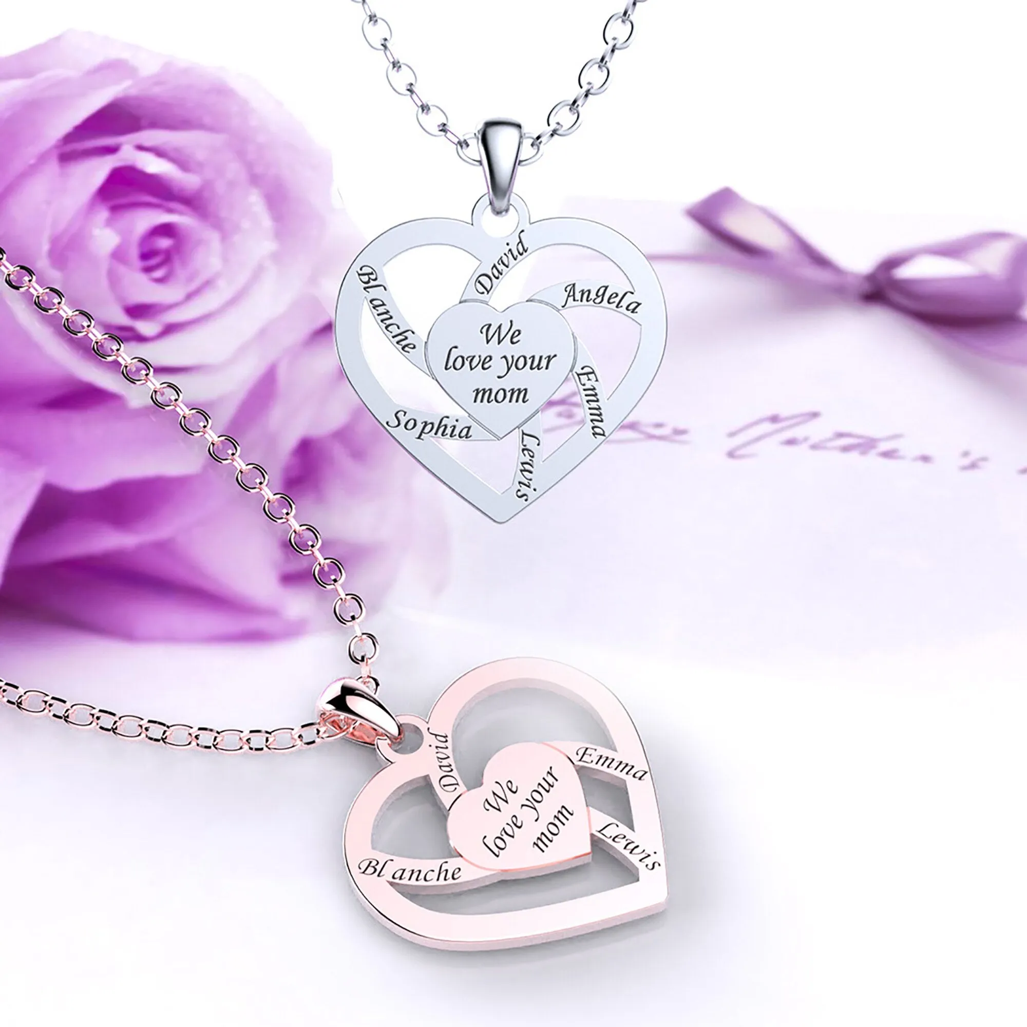 Personalized Mother Name Necklace With Text Custom Heart Pendant Necklace