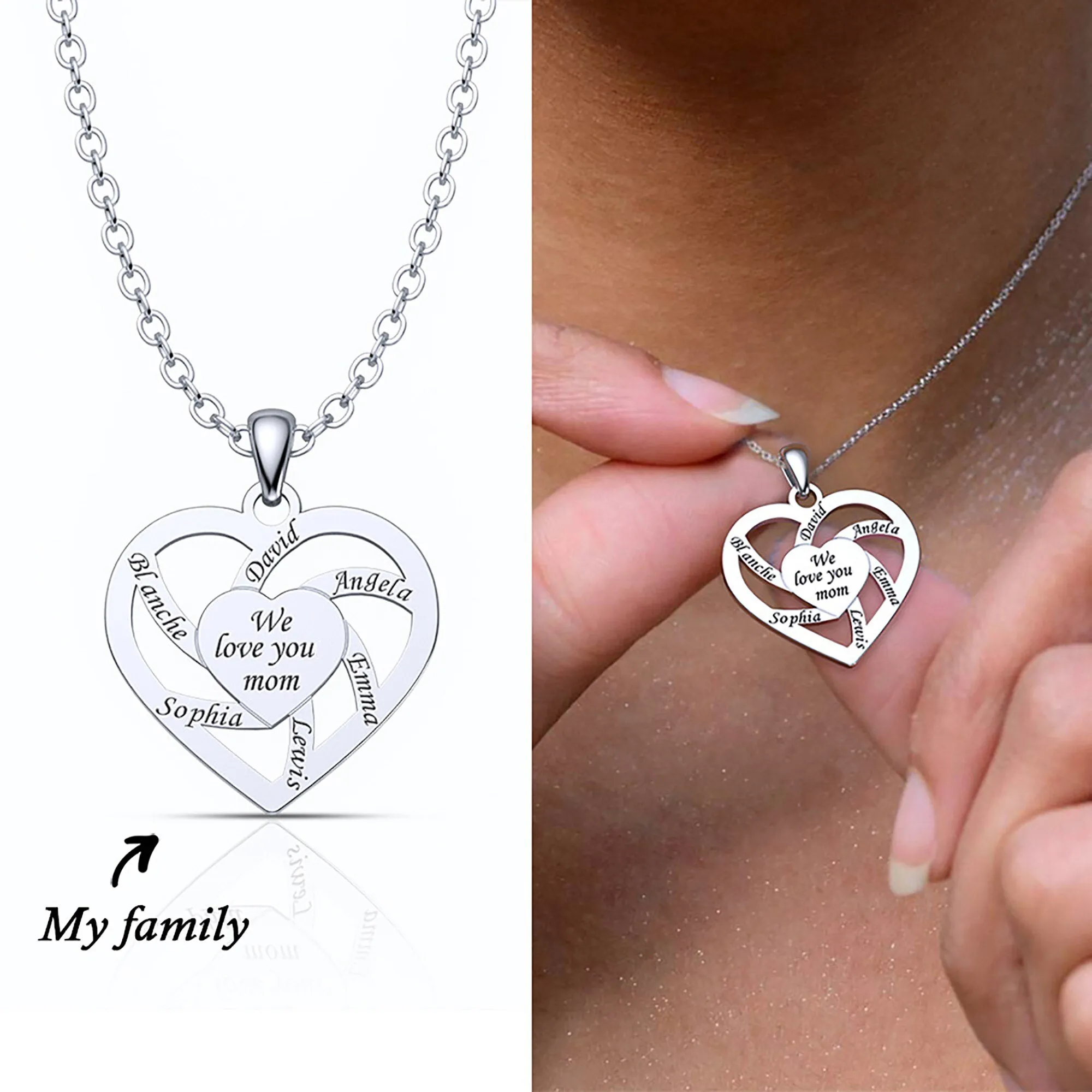 Personalized Mother Name Necklace With Text Custom Heart Pendant Necklace