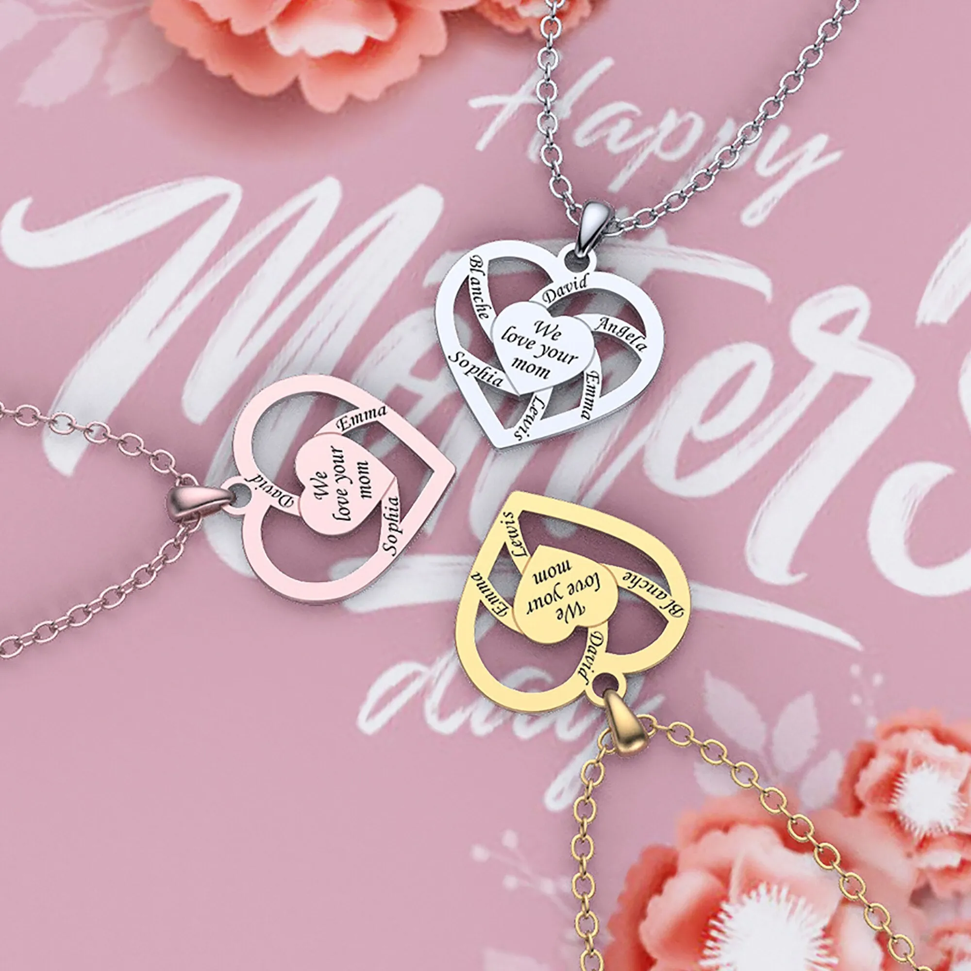 Personalized Mother Name Necklace With Text Custom Heart Pendant Necklace