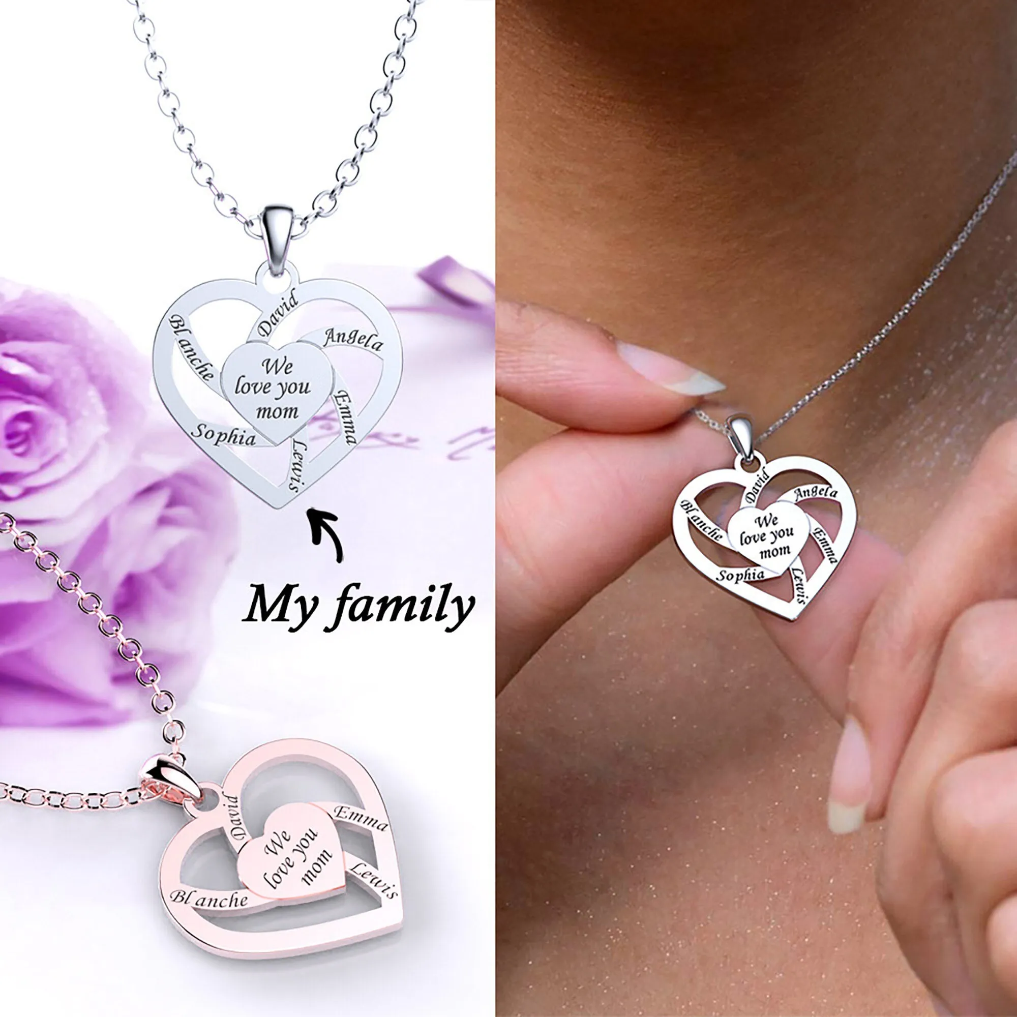 Personalized Mother Name Necklace With Text Custom Heart Pendant Necklace