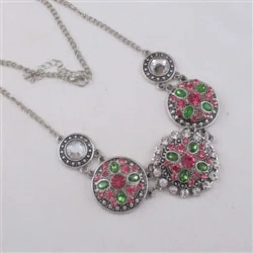 Pink & Green Crystal Flower  Multi Charm Necklace