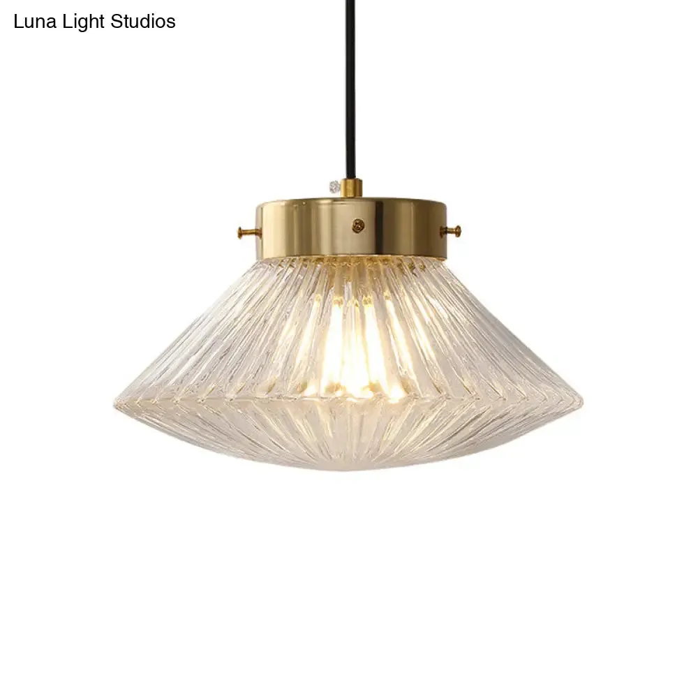 Postmodern Brass Pendant Light with Ribbed Glass Shade