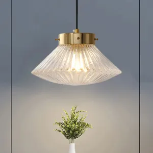 Postmodern Brass Pendant Light with Ribbed Glass Shade