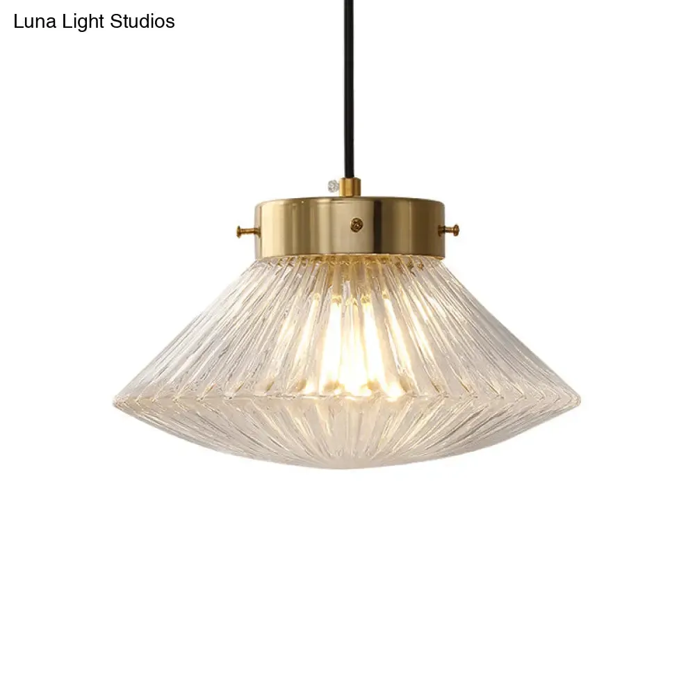 Postmodern Brass Pendant Light with Ribbed Glass Shade