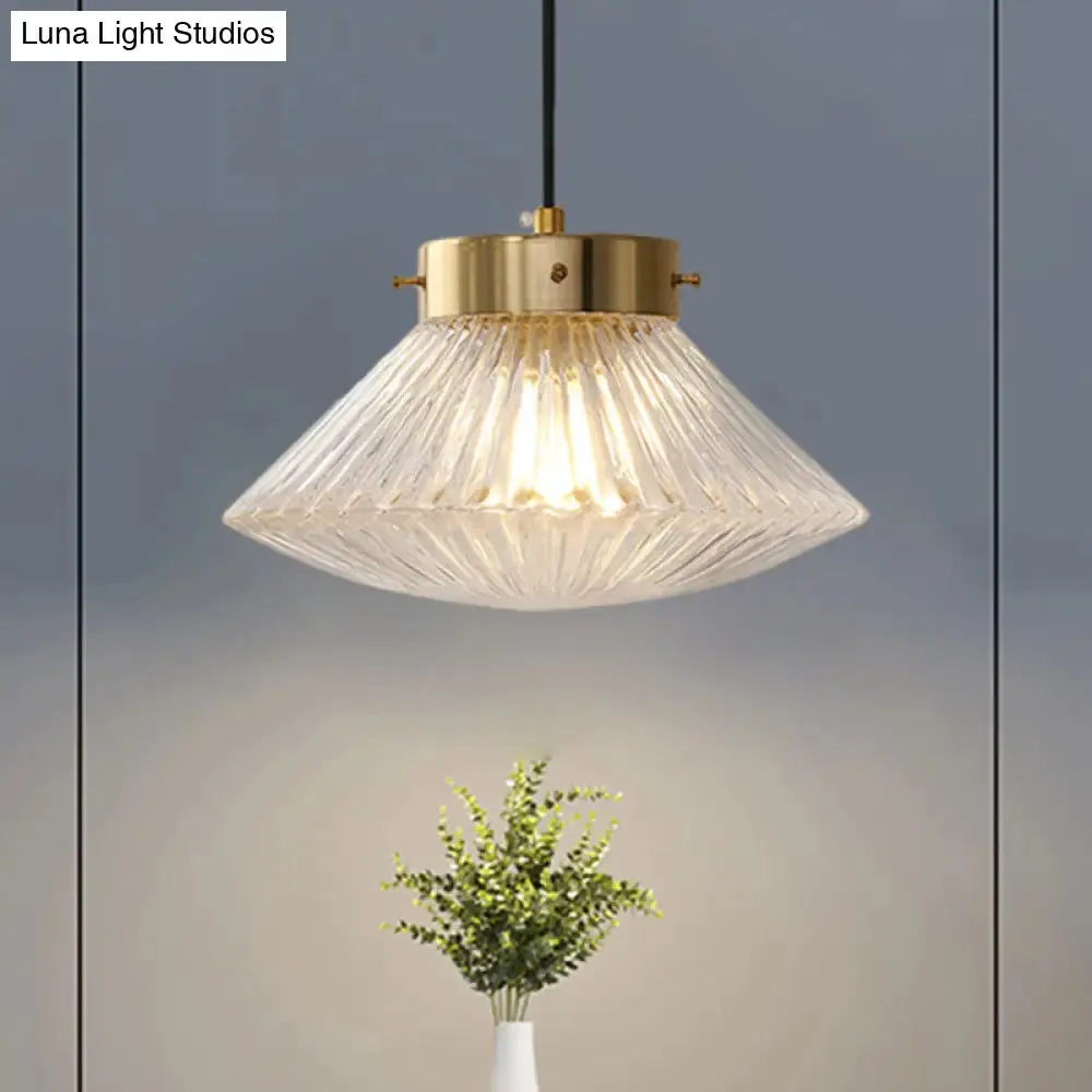 Postmodern Brass Pendant Light with Ribbed Glass Shade