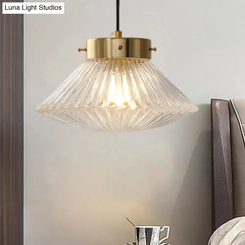 Postmodern Brass Pendant Light with Ribbed Glass Shade