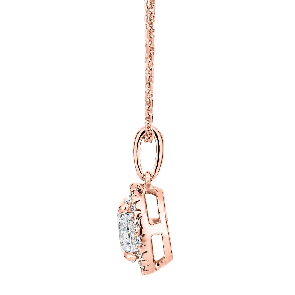 Premium Certified Laboratory Created Diamond, 1.19 carat TW round brilliant halo pendant in 18 carat rose gold