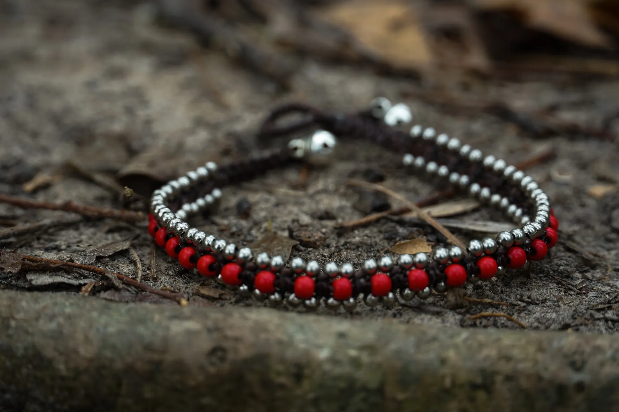 Red Band Boho Silver Anklet