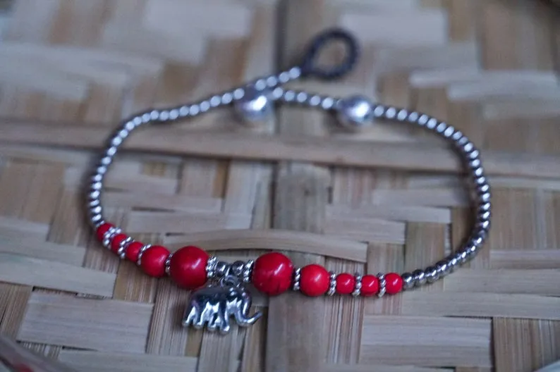 Red Elephant Pendant Boho Silver Anklet