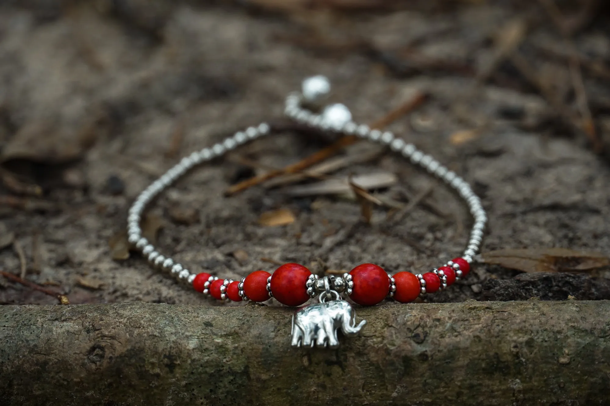 Red Elephant Pendant Boho Silver Anklet