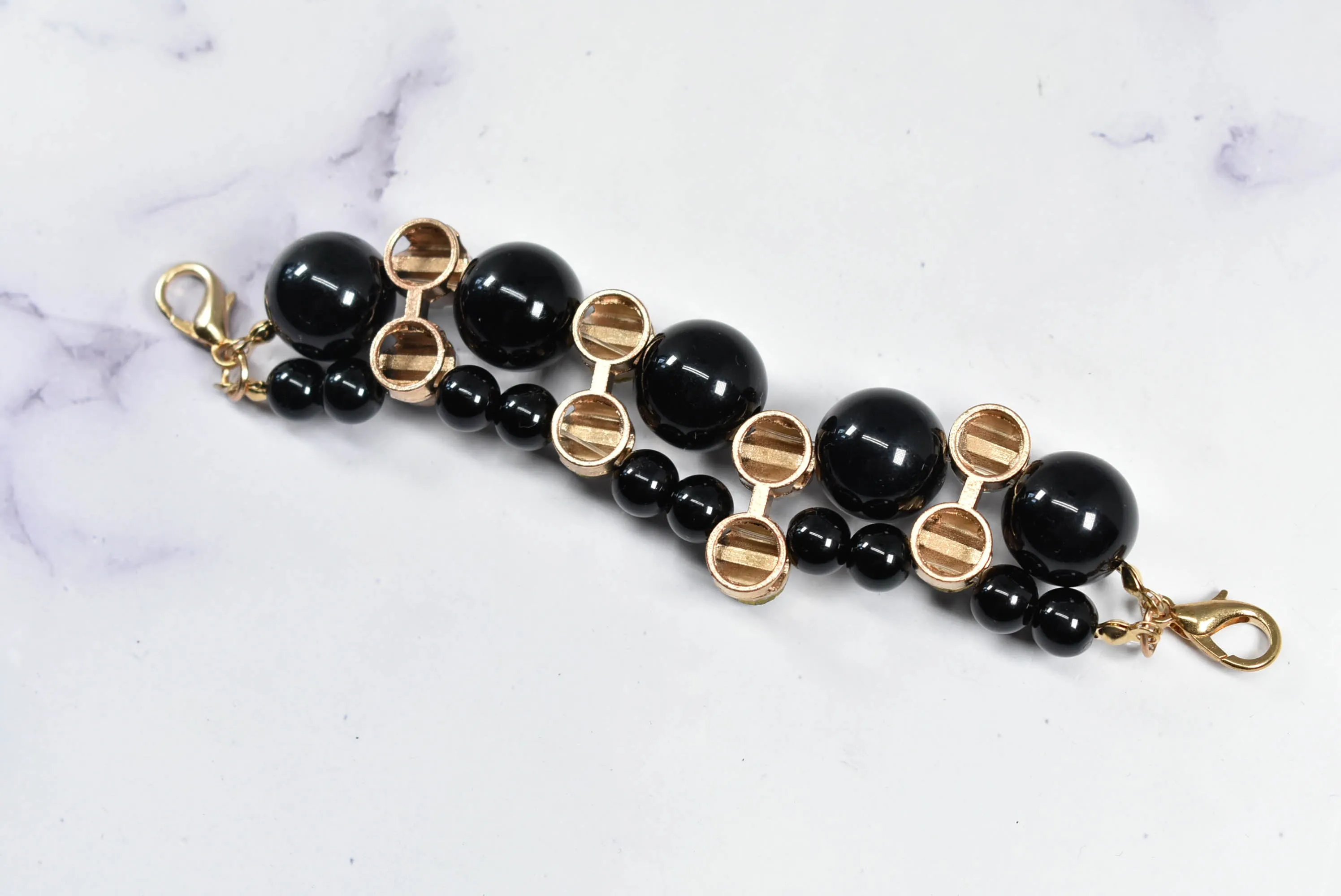 Rhinestone and Beaded Connector - Black and Gold Connector with Rhinestone and Black Beads