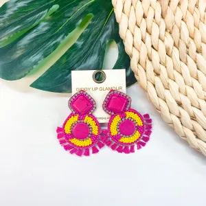 Seed Bead Earrings With Stone In Fuchsia