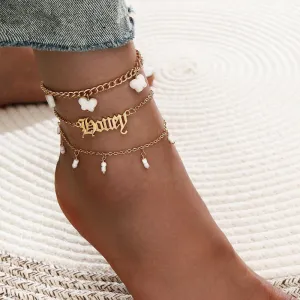 Set of 3 Anklets - White Buttery Name Anklet - Initial Anklet - Custom Anklet - Personalized Anklet - Custom Name - Girfriend Wife Gift