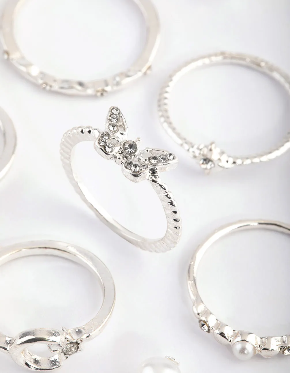 Silver Diamante Butterfly Ring Stack 24-Pack