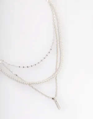 Silver Pearl Mixed Chain Triple Row Necklace