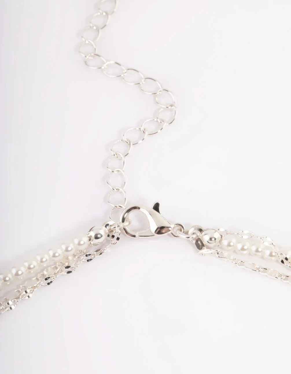 Silver Pearl Mixed Chain Triple Row Necklace