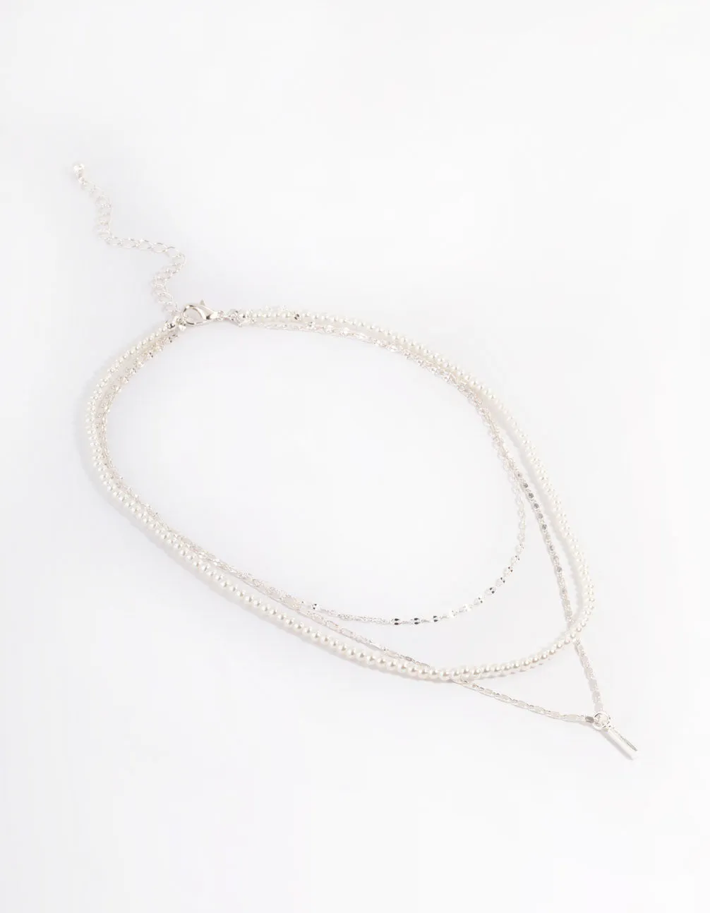 Silver Pearl Mixed Chain Triple Row Necklace