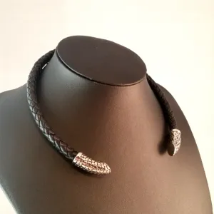 Silver Torc Necklace Black Leather Choker