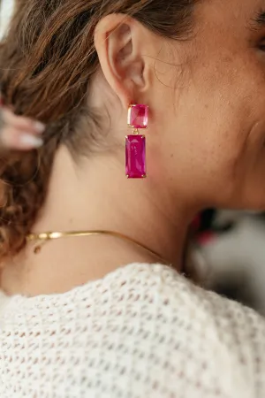 Sparkly Spirit Rectangle Crystal Earrings in Pink (Ships in 1-2 Weeks)