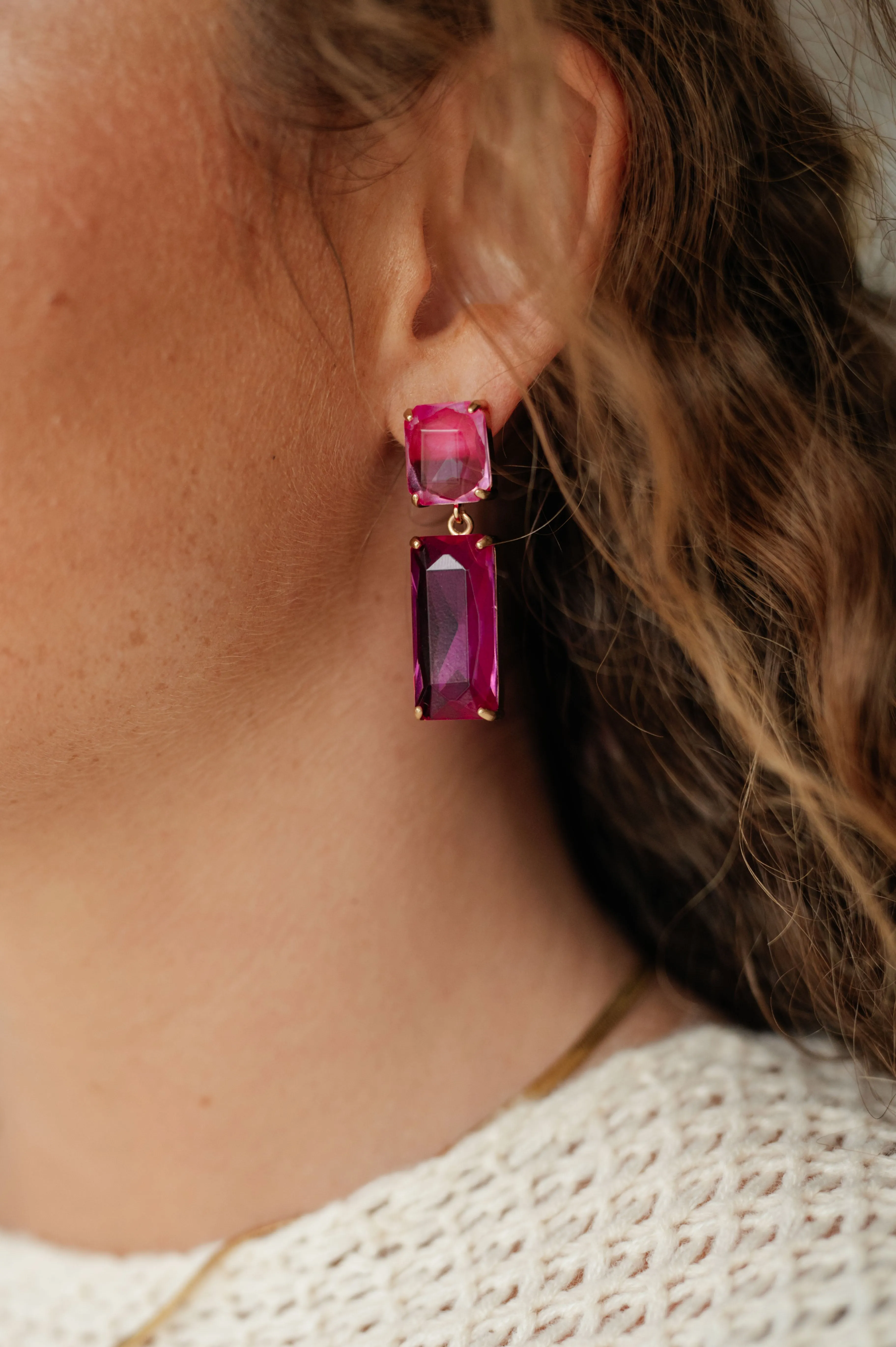 Sparkly Spirit Rectangle Crystal Earrings in Pink (Ships in 1-2 Weeks)