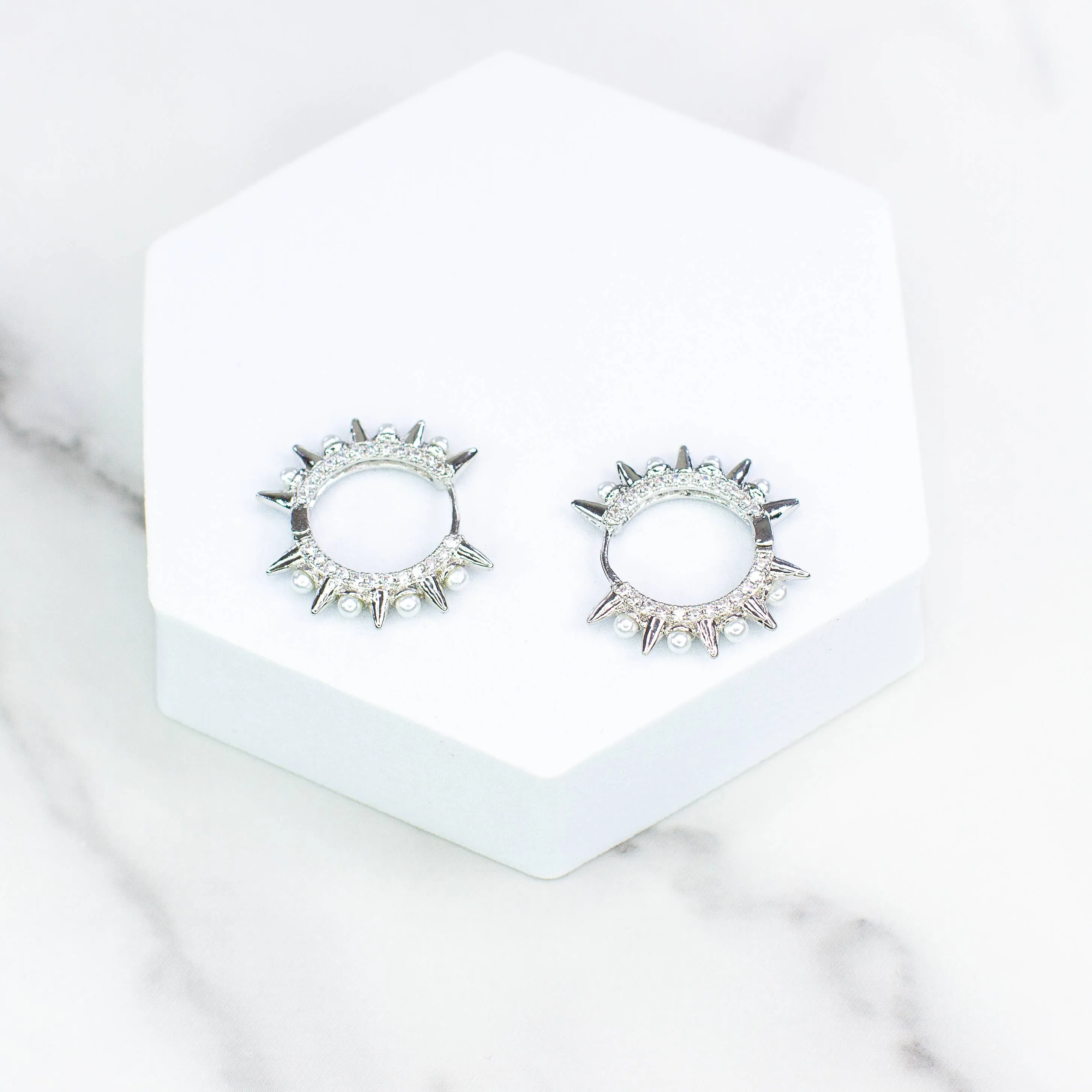 Spiked CZ and Pearl Hoop Earrings