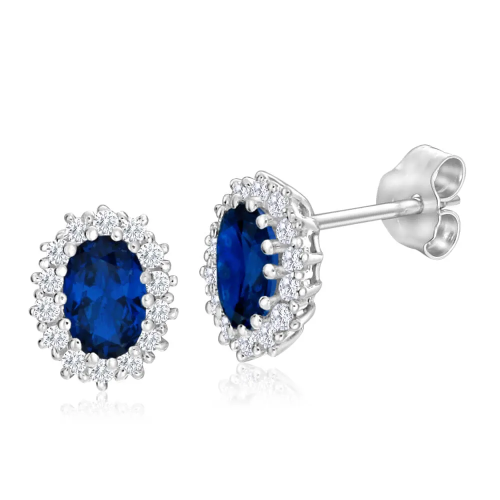 Sterling Silver Cubic Zirconia Blue Border White Stud Earrings