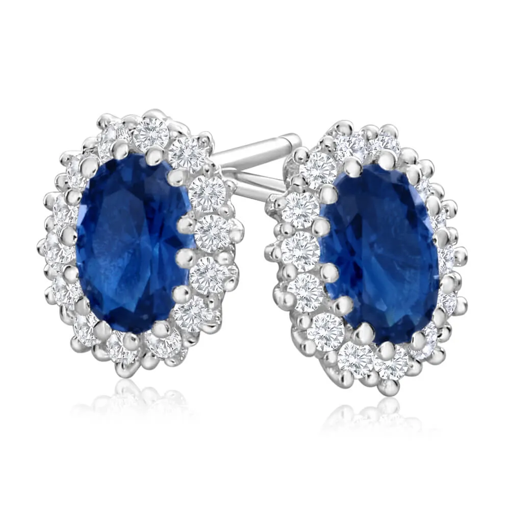 Sterling Silver Cubic Zirconia Blue Border White Stud Earrings