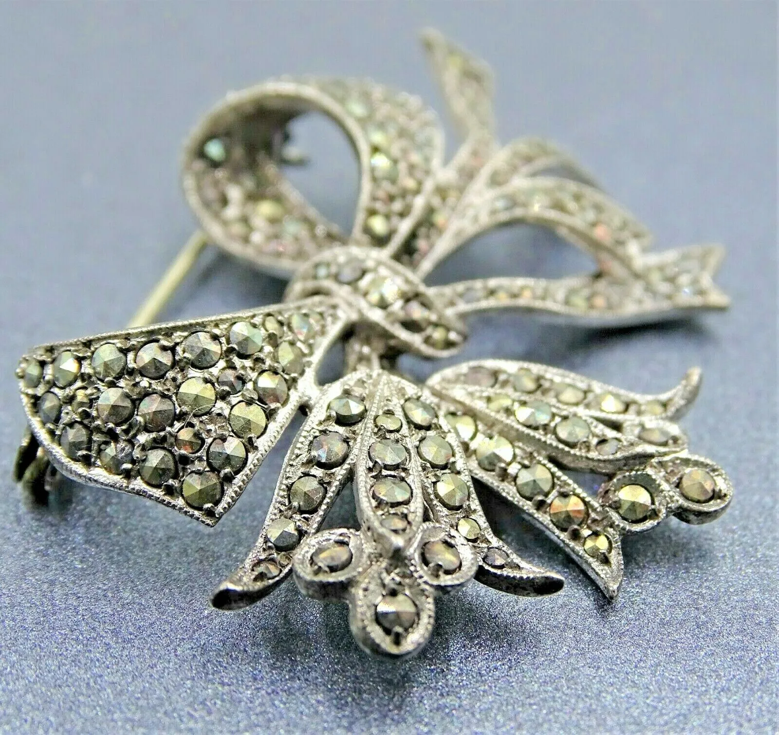 Sterling Silver Marcasite Bow & Bell Flower Brooch