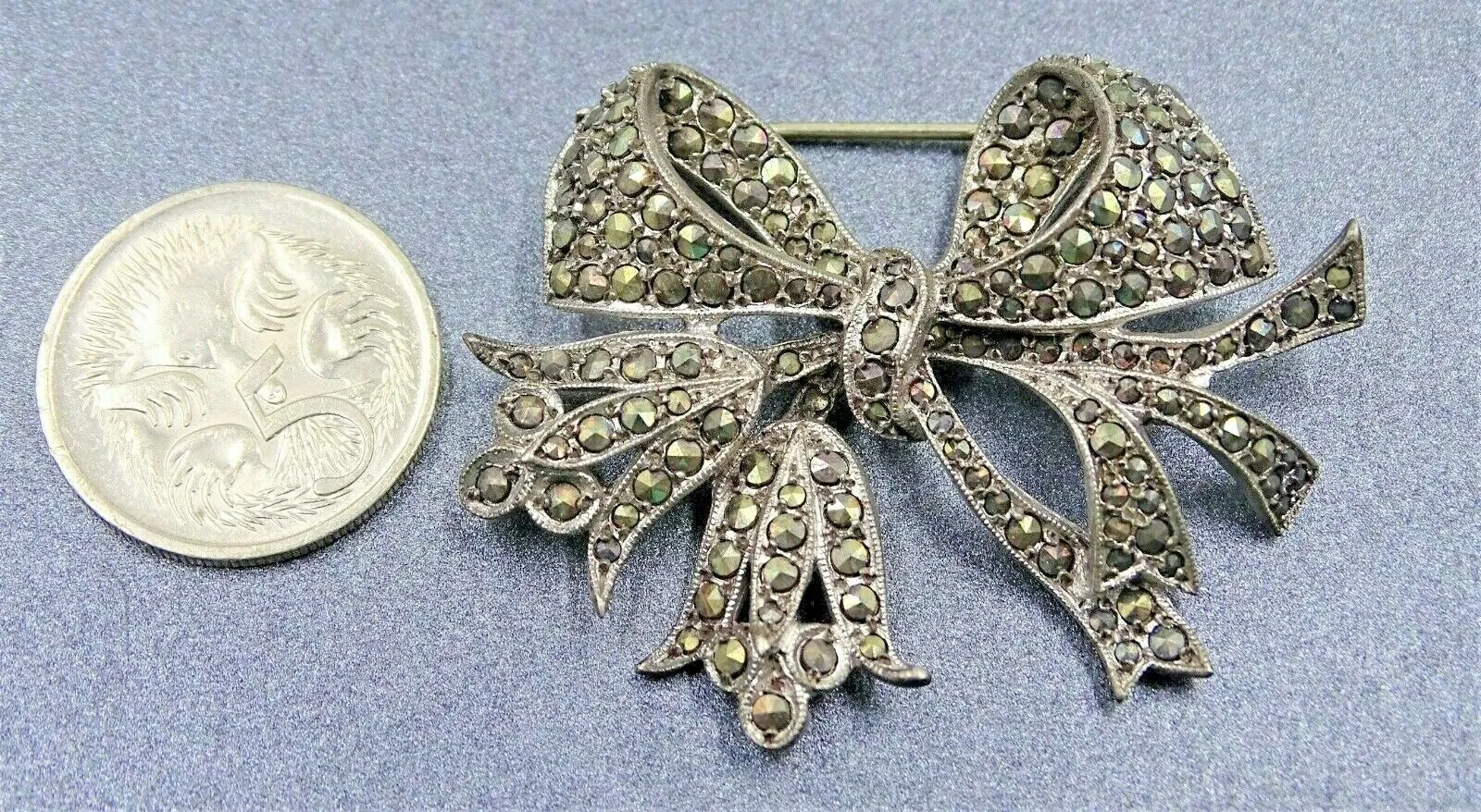 Sterling Silver Marcasite Bow & Bell Flower Brooch