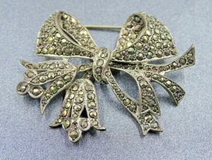 Sterling Silver Marcasite Bow & Bell Flower Brooch