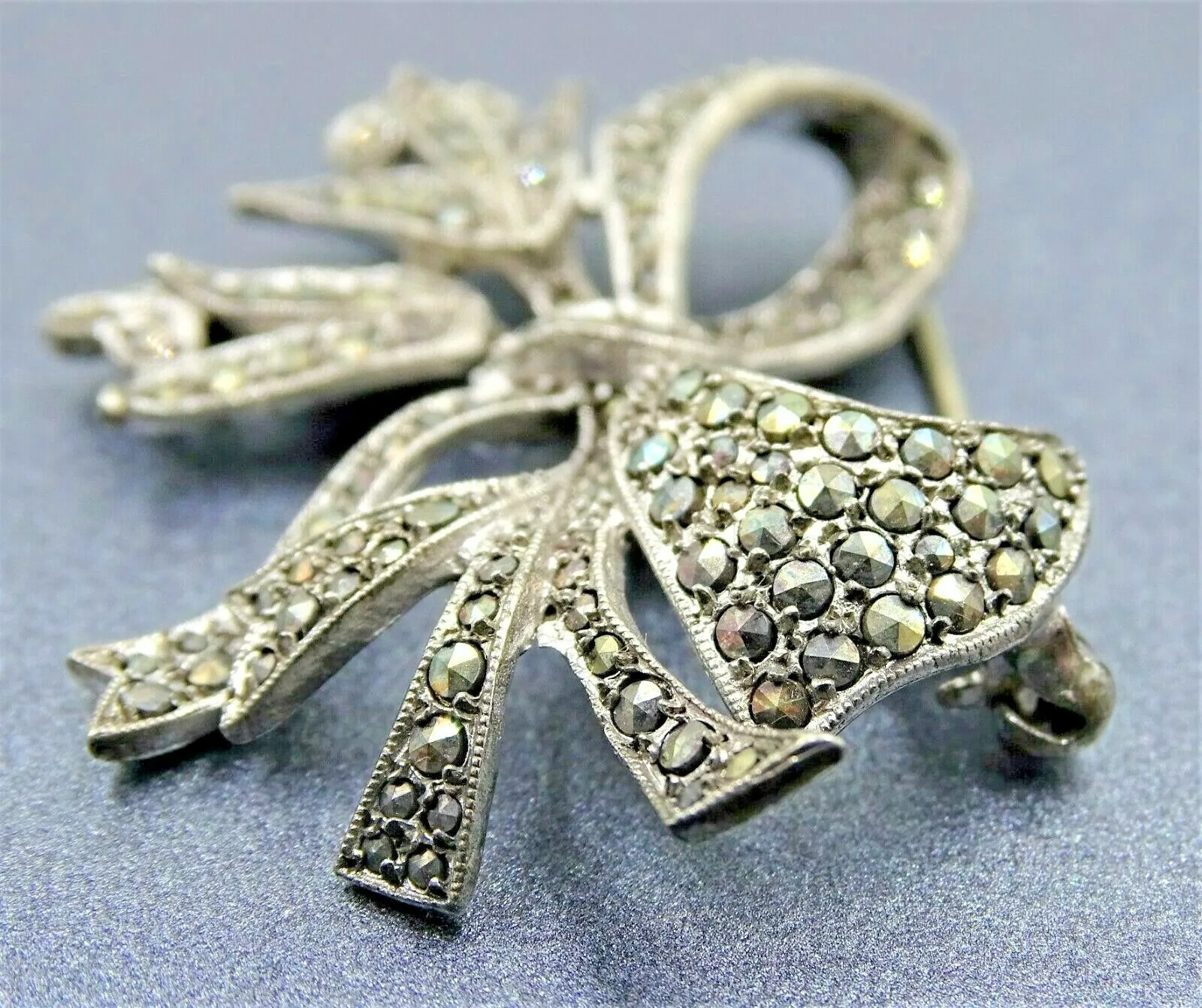 Sterling Silver Marcasite Bow & Bell Flower Brooch